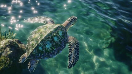 Obraz premium A giant sea turtle gliding gracefully through blue ocean water