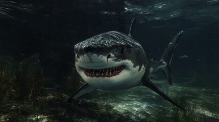 Fototapeta premium A realistic great white shark underwater, swimming toward the camera