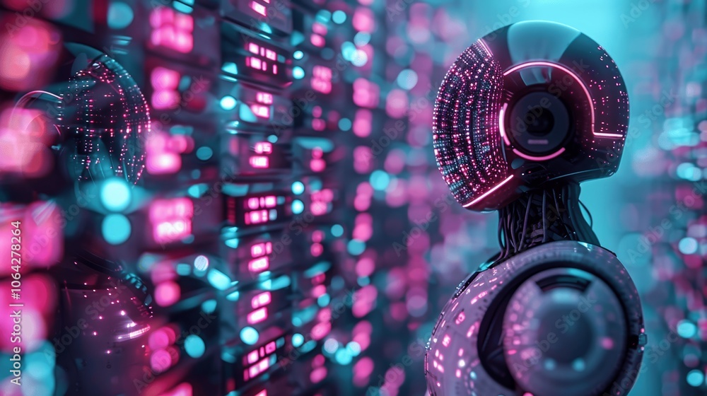Poster ai robot in data center with glowing digital code in dark blue and pink cinematic style