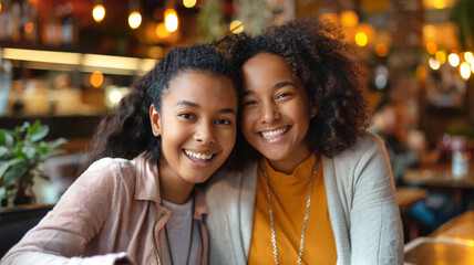 Two young women smiling and hugging in a cozy cafe, enjoying each other's company with a warm, blurred background that enhances the friendly atmosphere