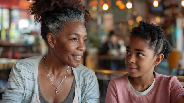 Older woman and young girl sharing a warm conversation in a cozy cafe, with a colorful, softly blurred background that creates a comforting atmosphere