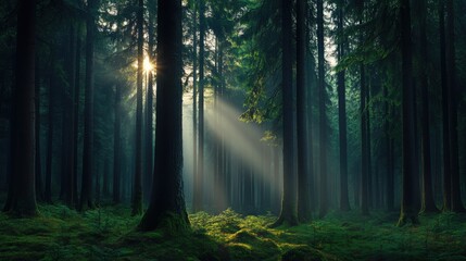 Obraz premium Enchanted Forest with Sunbeams Filtering Through Trees