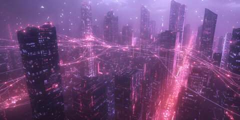 Obraz premium Holographic information light covers the future city like a net, science fiction, finance, logistics, business, city, background, wallpaper