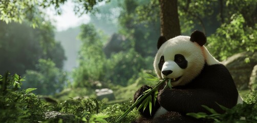 A realistic depiction of a panda eating bamboo in a forest