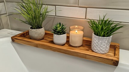 Greenery and Candle on Wooden Tray in Modern Bathroom