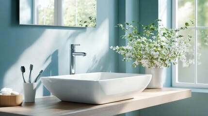 Fototapeta premium Modern Bathroom Sink with Greenery and Natural Light
