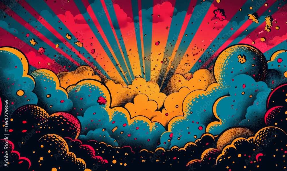 Poster dynamic colorful ray and thunderbolt abstract vector background in retro comic book style