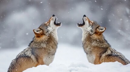 A pair of wolves howling in the snowy wilderness