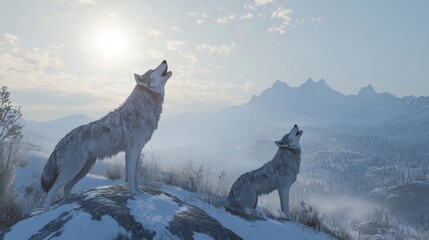 A pair of wolves howling in the snowy wilderness