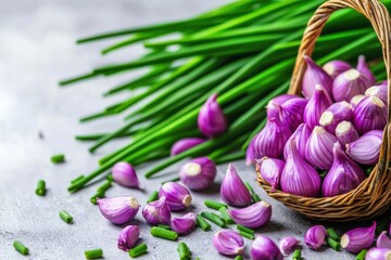 Fototapeta premium Fresh Chives and Shallots in a Basket Arrangement