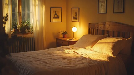 Cozy Bedroom with Warm Lighting and Natural Decor