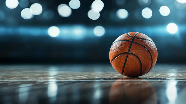 Close-up of a basketball on a court with blurred lights in the background. Animation looping video background. Generated with AI
