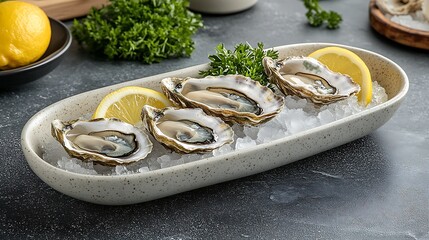 A chilled seafood platter featuring oysters on crushed ice, with lemon slices and parsley for garnish, soft light accentuating the shell textures and icy details, inviting and fresh look. --ar 16:9