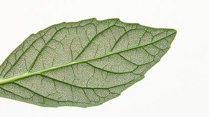 Obraz premium A vibrant green leaf rests on a minimalistic background, displaying its detailed vein structure that highlights the beauty of nature. The leaf exudes freshness and vitality.