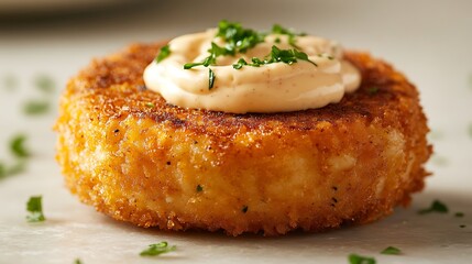 A classic crab cake with a generous swirl of aioli on top, served on a light stone background, warm lighting enhancing the golden crust and creamy sauce, garnished with a hint of parsley. --ar 16:9