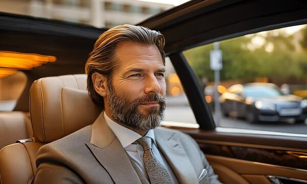 Handsome man in a suit sitting in the backseat of a car, looking out the window.