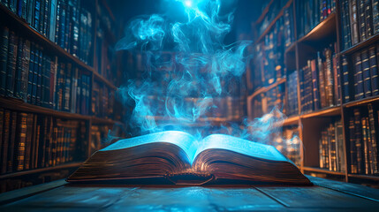 Magic book in a mystical library with spirits and glowing light in the background, magic, book, library, spirits, light. Mystical. Illustration