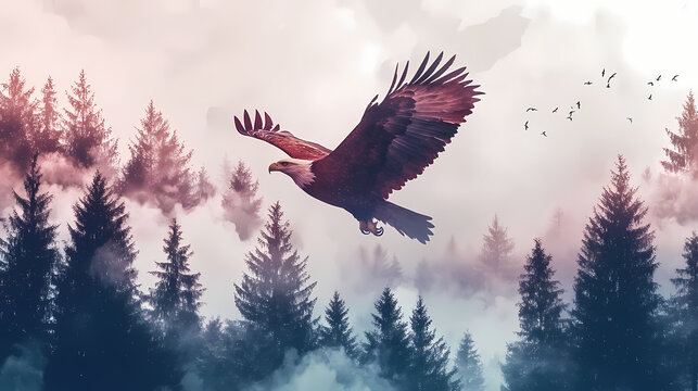 Majestic eagle superimposed with a misty forest landscape, creating a mystical abstract artwork. Mystical. Illustration