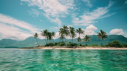 A beautiful tropical island with palm trees and clear water, surrounded by mountains
