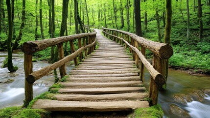 Fototapeta premium Serene Wooden Bridge in Lush Green Forest