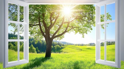 Fototapeta premium Serene View from a Window into Lush Green Landscape