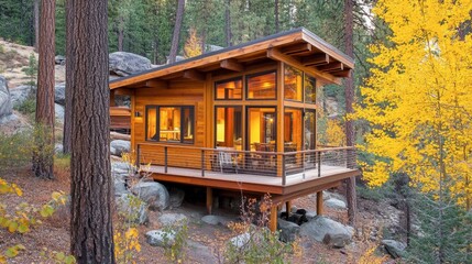 Modern Wooden Cabin Surrounded by Autumn Colors