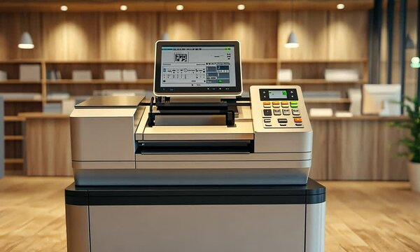 Modern office printer with a touch screen in a well-lit office space.