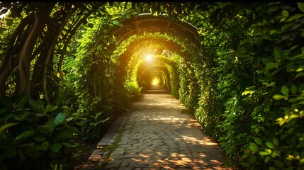 Obraz premium Green tunnel in the garden at sunset time.