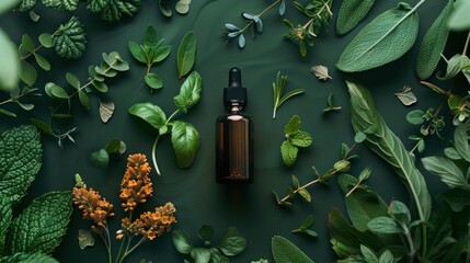A bottle of essential oil with green leaves and flowers on the background