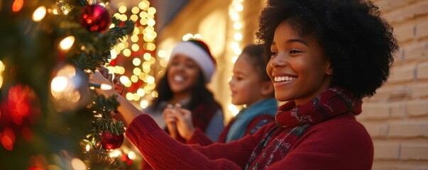 Fototapeta premium A group of family members decorating their home s exterior with lights, joyfully preparing for Christmas