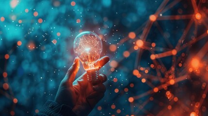 A businessman holds an illuminated light bulb in his hand against a dark blue and orange background
