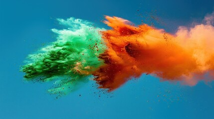 A dynamic explosion of colors, green and orange powder in the shape