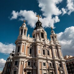 Obraz premium facade of church with cross on top near building against cloudy blue sky on square