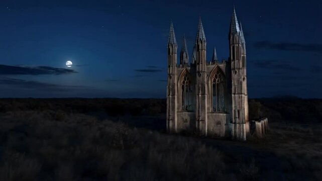 An abandoned Gothic tower, bathed in moonlight, standing tall the pale light of the full moon. Halloween concept, looping 4k video animation background