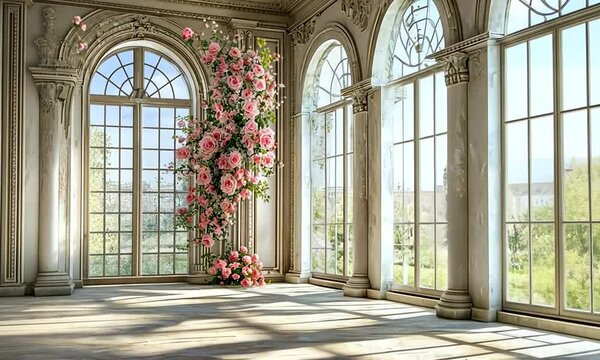 Sunbeams streaming through arched windows in a grand room with pink rose floral decor.