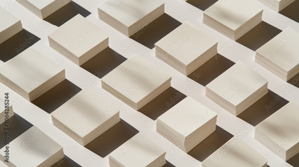 Poster Stacks of blank square business cards creating a pattern with shadows on white background