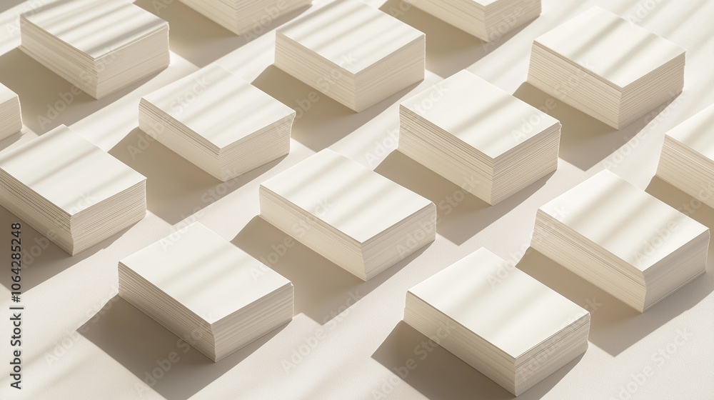 Poster stacks of blank business cards creating a pattern on beige background
