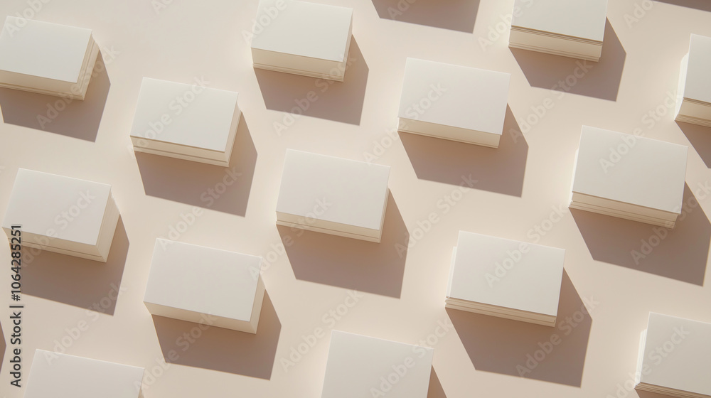 Poster stacks of blank business cards creating a pattern on beige background