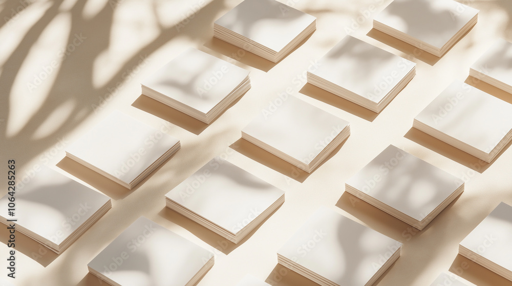 Poster stacks of blank business cards creating a pattern with leaf shadows on beige background