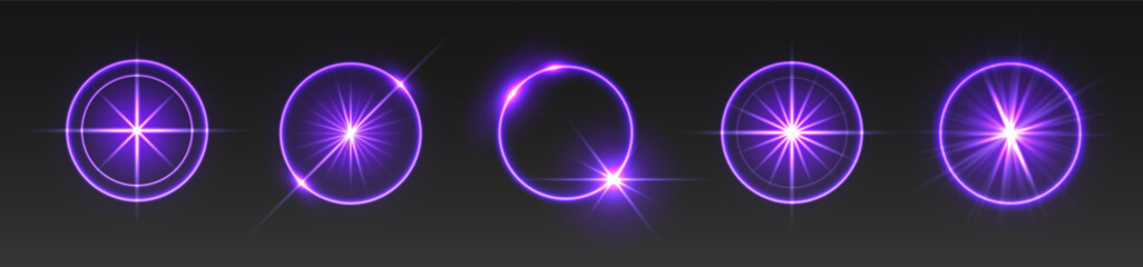Purple light flares, glowing shiny sparks, lens flare effects, bright glimmering glares. Vector illustration.