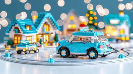 A toy car drives through a miniature town with Christmas lights in the background.