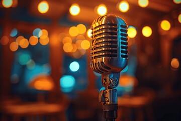 Vintage Microphone on Stage in Nightclub with Bokeh Lights
