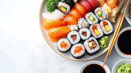 An elegant sushi platter featuring sashimi, nigiri, and assorted maki rolls, served on a minimalist white background, soft natural lighting enhancing the vibrant colors and clean presentation.