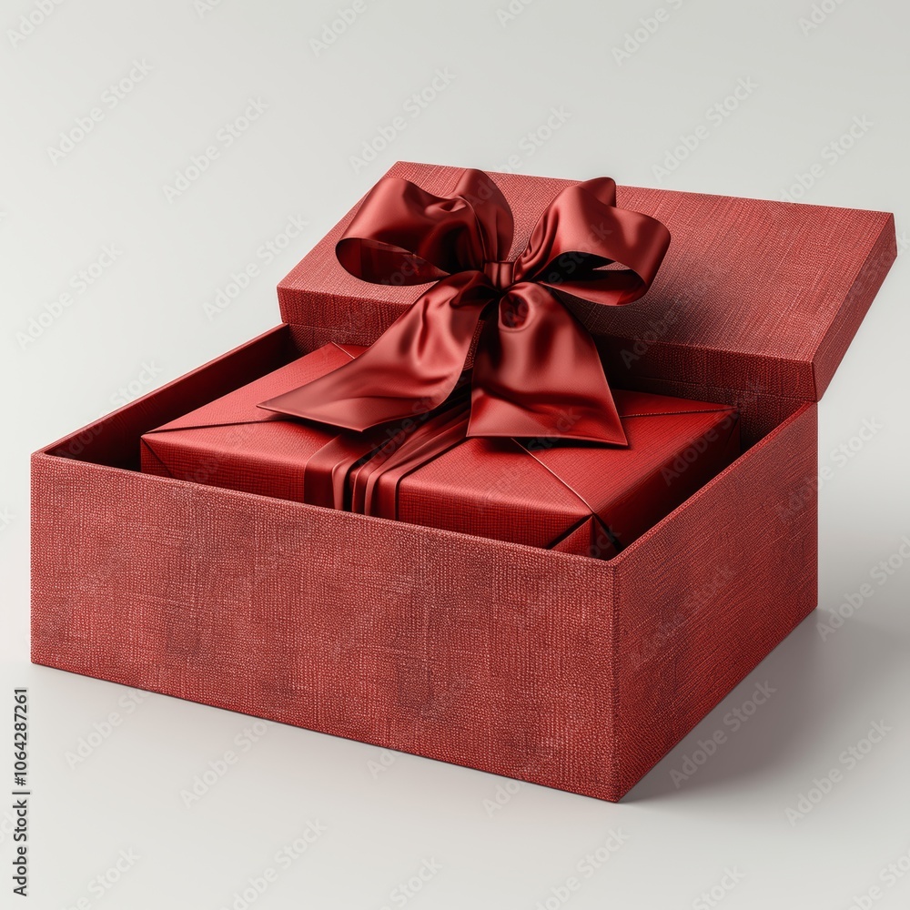 Poster 3d render of red gift box with open lid and bow on white background front view