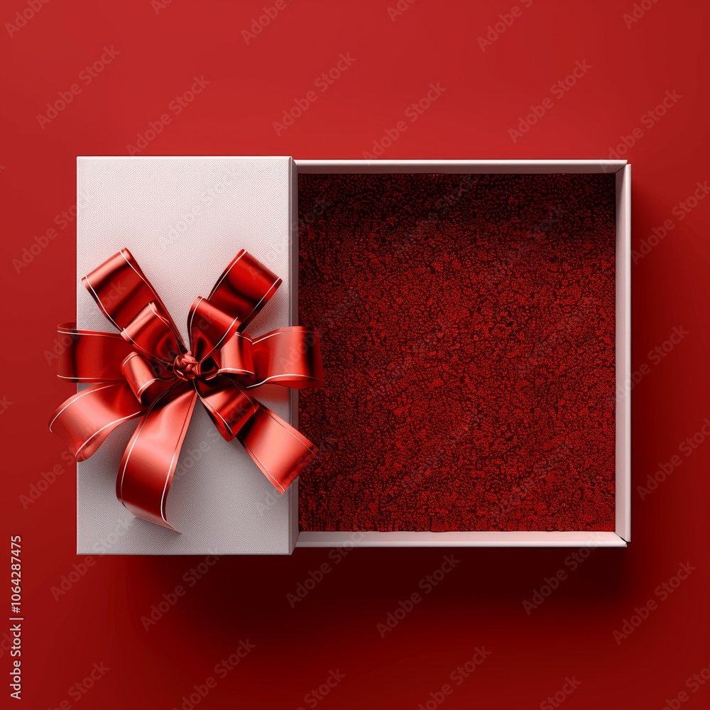 Poster open white gift box with red ribbon bow 3d rendering high resolution digital art on red background