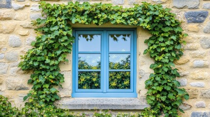 Charming Window Framed by Green Vines and Stone Wall