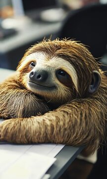A sloth resting on a table, sleeping with its eyes closed and a small smile on its face.