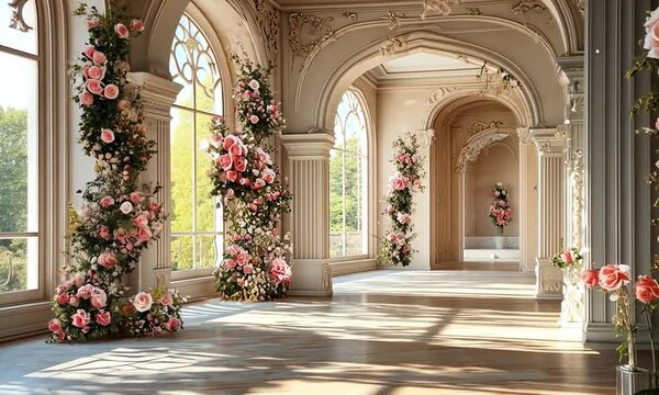 Sunlit floral hall with arched windows and decorative columns
