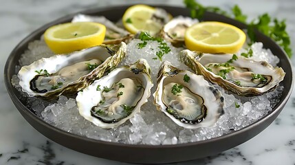 Chilled oysters arranged on a bed of crushed ice, garnished with lemon slices and fresh parsley, soft natural lighting highlighting the details of the shells and glistening ice,