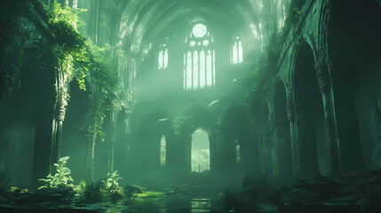 Majestic underwater cathedral ruins with illuminated water and mystical ambiance, filled with aquatic plants and ancient architecture. Mystical. Illustration